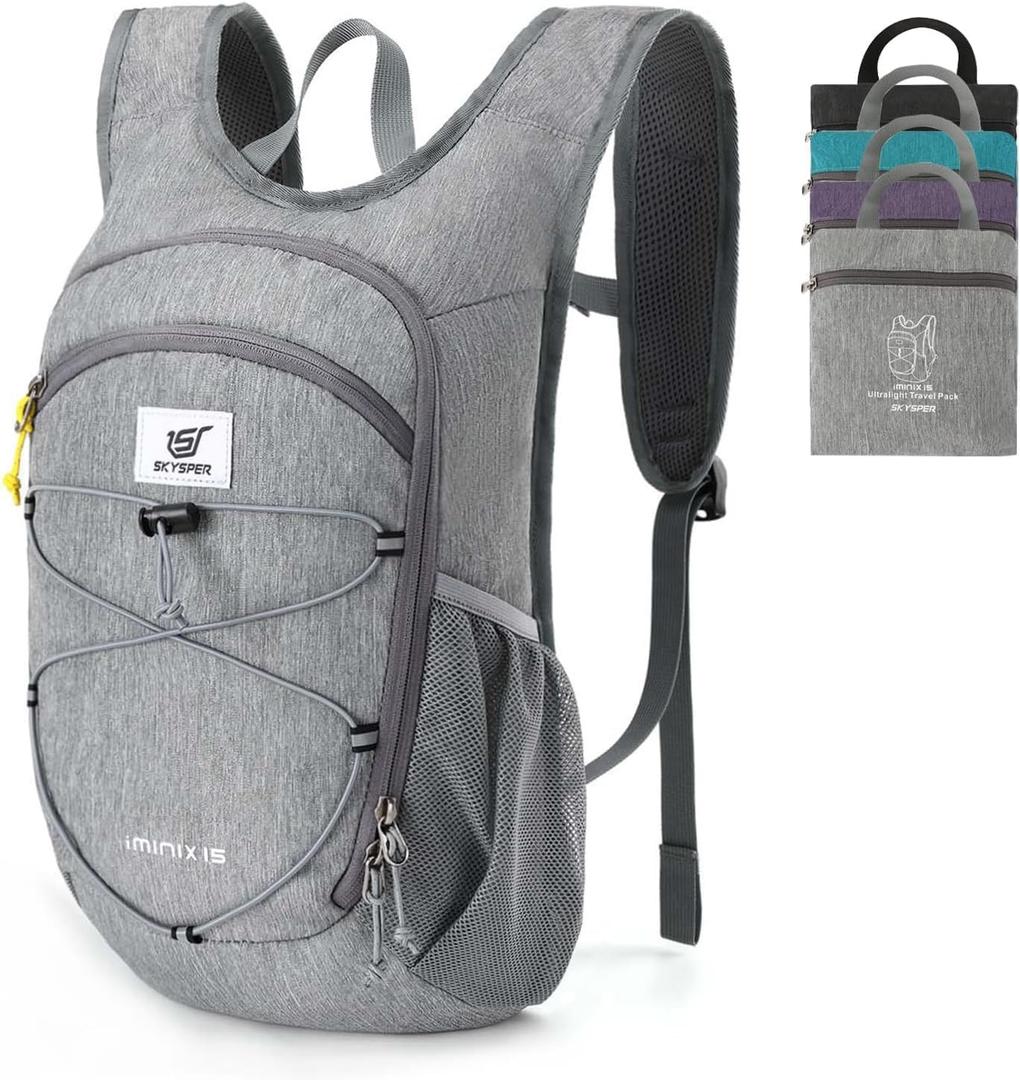 SKYSPER 15L/20L Foldable Hiking Backpack Lightweight Packable Travel Daypack with Chest Strap Small Folding Pack for Walking (Grey)
