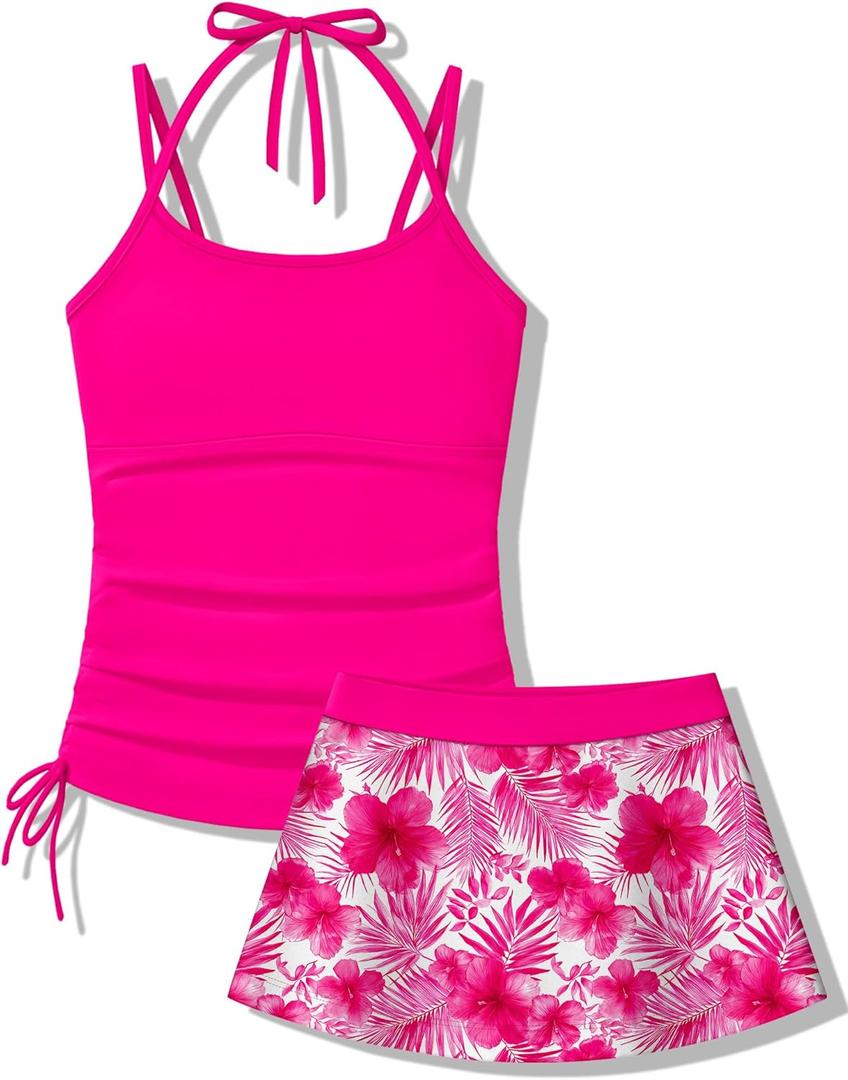Girls Swimsuit 2 Piece Halterneck Tankini Swimsuits with Printed Skirt Drawstring Bathing Suit, Size 13-14 Years (Pink)
