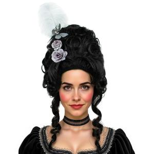 R REEWES FASHION HAIR Beehive Wig Victorian Style Black Short Curly Wig with White Feather, Rose and Butterfly Accessories Queen Cosplay Halloween Costume Wigs For Women