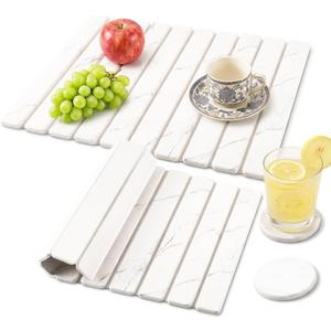3 PCS Large Stone Dish Drying Mat for Kitchen Counter - Quick Dry Diatomaceous Earth Mat with 2 Coasters, Ultra Absorbent Stone Drying Pad for Dishes & Cups, Heat Resistant, White Marble (24" x 16"+ 4")
