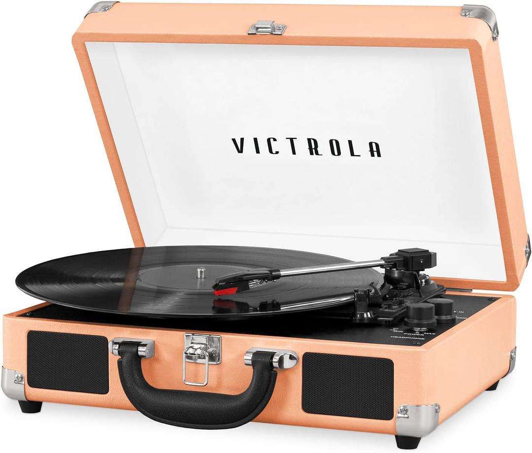 Victrola Journey Bluetooth Portable Suitcase Record Player with Built-in Speakers, 3 Speed Vinyl Record Player, RCA Out, Headphone Jack (Rose Gold)