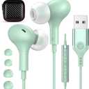 USB Headphones with Microphone for Laptop, 7.5ft Magnetic Wired Earbuds Noise Canceling in-Ear Earphones with Mute Volume Control Stereo Bass for PC Desktop Dell HP Acer Laptop Meetings,Teens,Green (Mint)
