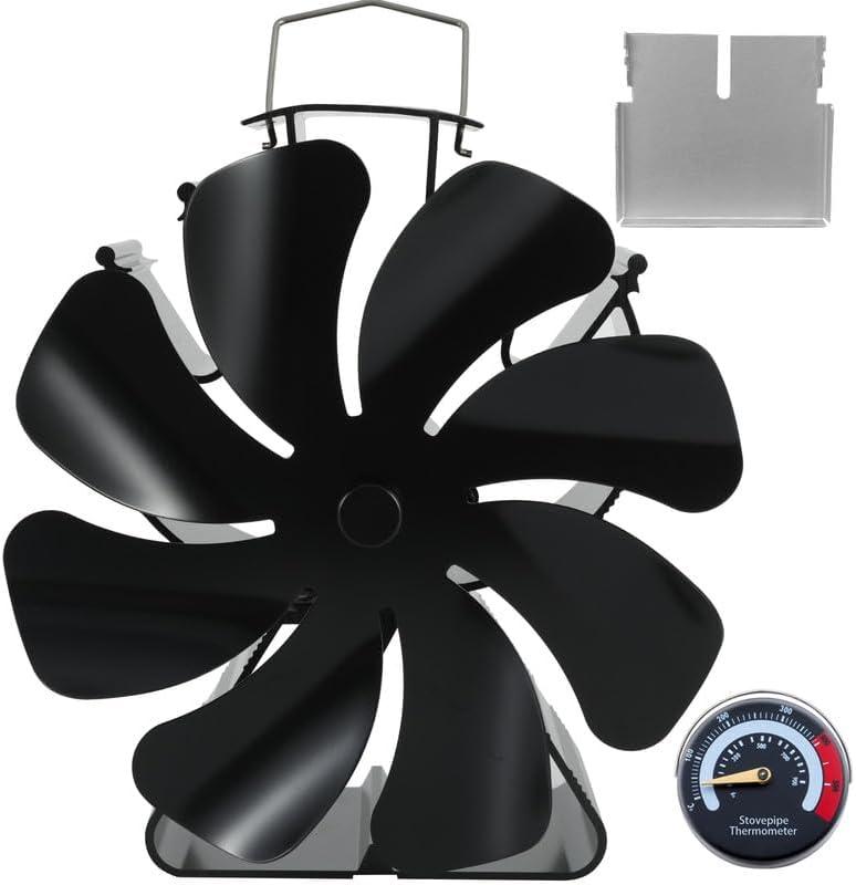 Tomersun Wood Stove Fan 8 Blades Heat Powered, Fireplace Fan Woodstove fan (Included Bracket), Wood Burning Stove Non Electric Thermoelectric Thermal Fan w/Thermometer
