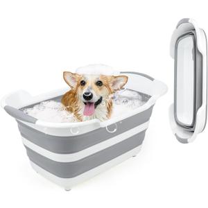 FHTONGE 7.13 Gal/27L Raised Collapsible Dog Bathtub with Drain Hair Catcher, Multifunctional Pet Washtub for Small to M Dog, Portable Puppy Tub Cat Shower Basin Laundry Basket Storage Organize Bucket