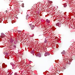 33FT Valentine's Day Tinsel Garland Red Pink White Metallic Tinsel Garland with Heart Twist Shiny Tinsel Garland Hanging Ornament Garland for Birthday Wedding Engagement Valentine's Day Party Supplies