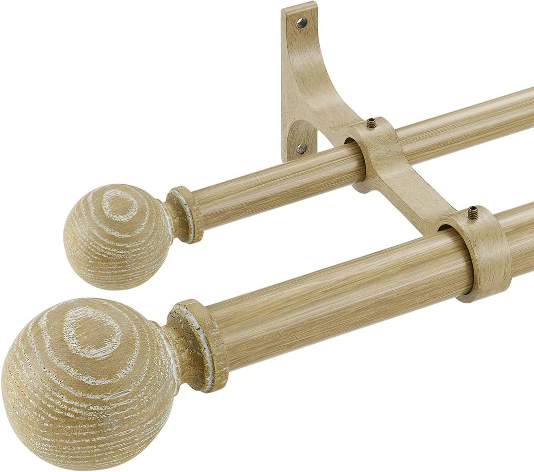 Oak Wood Grain Window Rods, Double Curtain Rod 72-144 Telescoping Length 1Inch Diameter Front Poles and 5/8Inch Diameter Back Poles