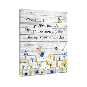 Blue Yellow Floral Wall Art for Bathroom Vintage Butterfly and Wildflower on Grey Abstract Canvas Wall Art Inspirational Quotes Wall Pictures for Living Room Bedroom Office Ready To Hang, 12x16 Inch