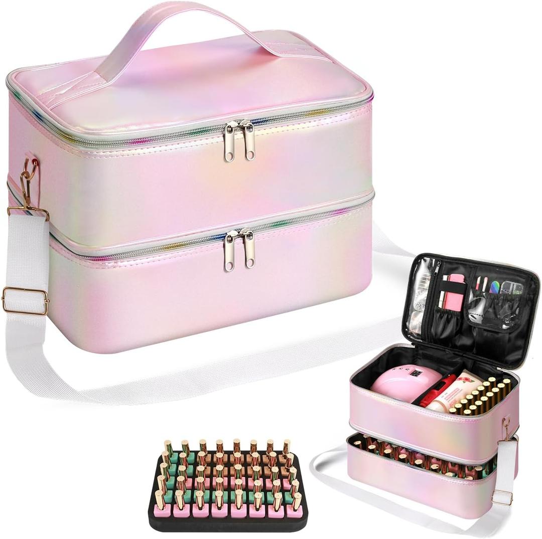 Nail Polish Organizer Bag - Holds 40+ Bottles (15ml/0.5 fl.oz)& Nail Lamp, Portable Travel Nail Kit Storage Carrying Case, Double Layer gel Nail Supplies Holder Bag PU Leather Women(Colorful Pink)