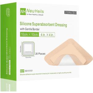 NeuHeils Silicone Super Absorbent Wound Dressing 4''x4'' 20 Packs, Self-Adhesive Waterproof Bandage with Ultrasorb Pad for Heavy Exudates Wound, Soft Gauze Island Dressing