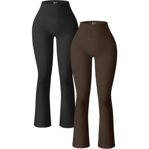 OQQ Women's 2 Piece Yoga Pants Ribbed Seamless Workout High Waist Bell Bottoms Flare Leggings, Large, Black/Dark Brown