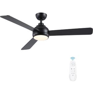 52 Inch Ceiling Fans with Lights and Remote, Modern Black Ceiling Fan with Light, DC Reversible, 6 Speeds, 3CCT, Dimmable, 3 blades, Bedroom, Indoor/Outdoor Patios Use