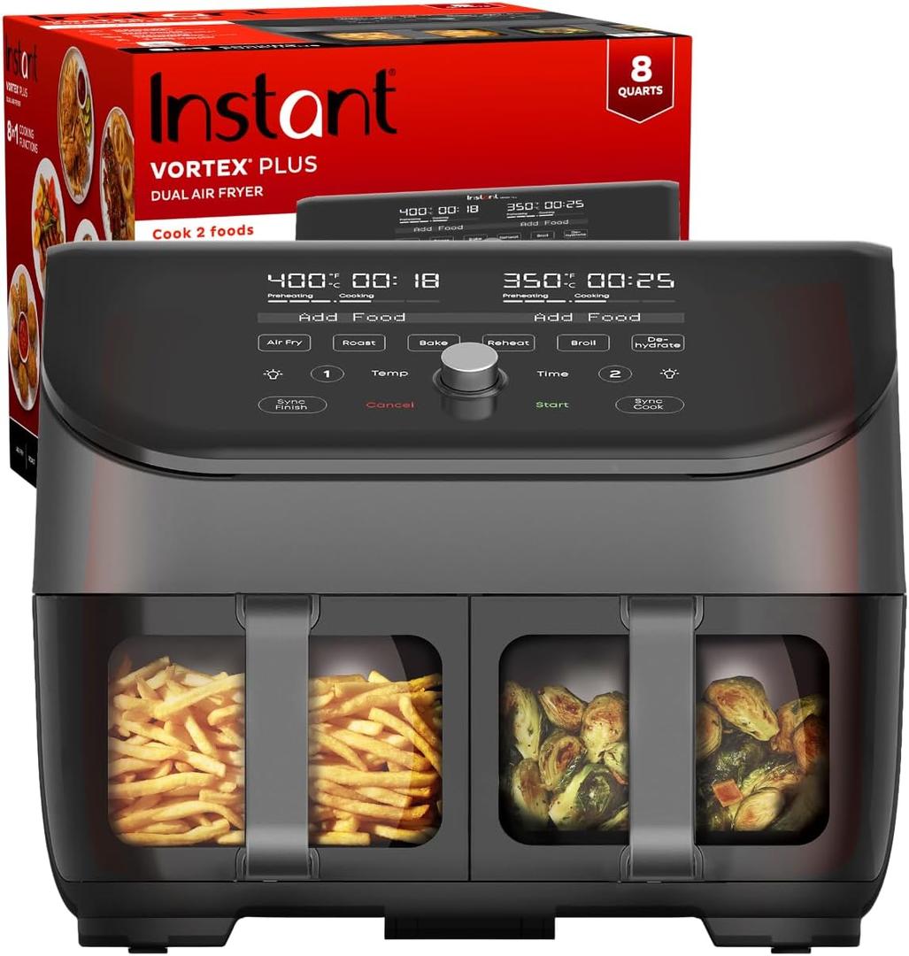 Instant Pot Vortex Plus XL 8QT ClearCook Air Fryer, Clear Windows, Custom Programming, 8-in-1 Functions that Crisps, Broils, Roasts, Dehydrates, Bakes, Reheats, from the Makers of Instant Pot, Black (8QT Dual Basket)