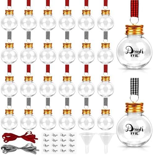 32 Pack Christmas Booze Balls, Fillable Christmas Tree Hanging Ornaments Clear Plastic Water Bottle Bulbs Pendant Ball with Plaid Ribbon and Stickers for Xmas Home Party Decor(Ball)