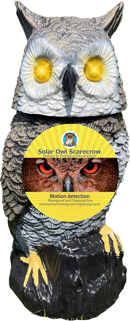Solar Owl with Flashing Eyes, Rotating Head and Realistic Tweets, Plastic Owl Decoration for Home, Garden, Patio and Fence, 15 in x 5.5 in x 5.5 in