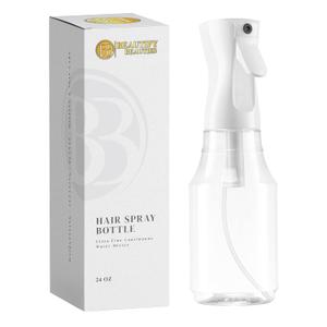 BeautifyBeauties Spray Bottle For Hair  Continuous Mister Spray Bottle for Hairstyling, Cleaning, Plants, Pets, Barbers, Salons, Essential Oil Scents (24 Ounce) (Clear)