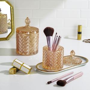 R FLORY 1 Pack Qtip Holder Glass Apothecary Jars with Lids Bathroom Storage Organizer for Cotton Swabs, Balls, Pads, Floss Picks, Vanity Storage Containers for Makeup, Candy, Jewelry (10 oz Amber)