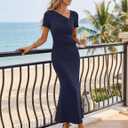 MEROKEETY Women's Summer Short Sleeve Maxi Dress Elegant Ruched Side Slit Formal Wedding Guest Cocktail Prom Dresses (Blue, L)