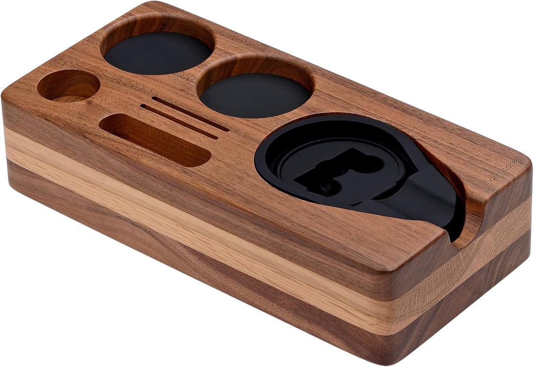 Normcore Espresso Tamping Station, Natural American Walnut Coffee Tamp Station Base Holder Stand for 51mm 54mm Portafilter, Tamper, and Distributor, Puck Screen Espresso Accessories Barista Tools