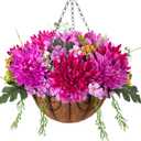 HyeFlora Artificial Mums Flowers Baskets for Outside Decoration, Fake Hanging Silk Fuchsia Flower, Faux Chrysanthemum Summer UV Resistant Realistic for Porch Yard Autumn Decor