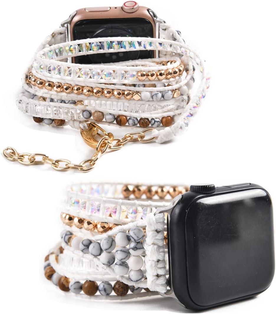Boho Watch Bands Compatible with Apple Watch Band 38mm 40mm 41mm 42mm 44mm 45mm, Handmade Wrap iWatch Bracelet with Stainless steel Buckle for Women, Bohemian Beads Watch Strap for iWatch