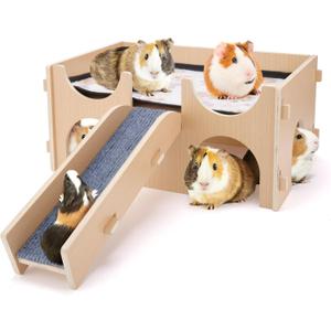 HOOTO Guinea Pigs Hideout Wooden House with Ramp, Castle for Bunny Hamsters Chinchillas Playing, Hiding