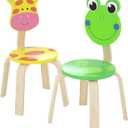 iPlay, iLearn 2 PCS Wooden Kids Chair Sets, Natural Hardwood Giraffe & Frog Animal Children Chairs, Furniture Set for Toddlers Kids Boys Girls, Stackable for Playroom, Nursery, Preschool, Kindergarten