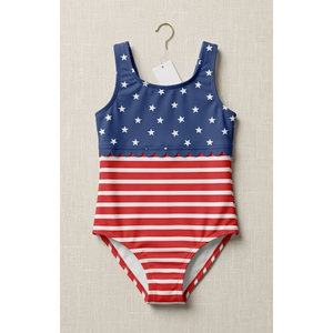 RuffleButts Girls UPF50+ Sun Protection Flounce Bikini One Piece Swimsuit - Shimmer Stars & Stripes, 12-18M
