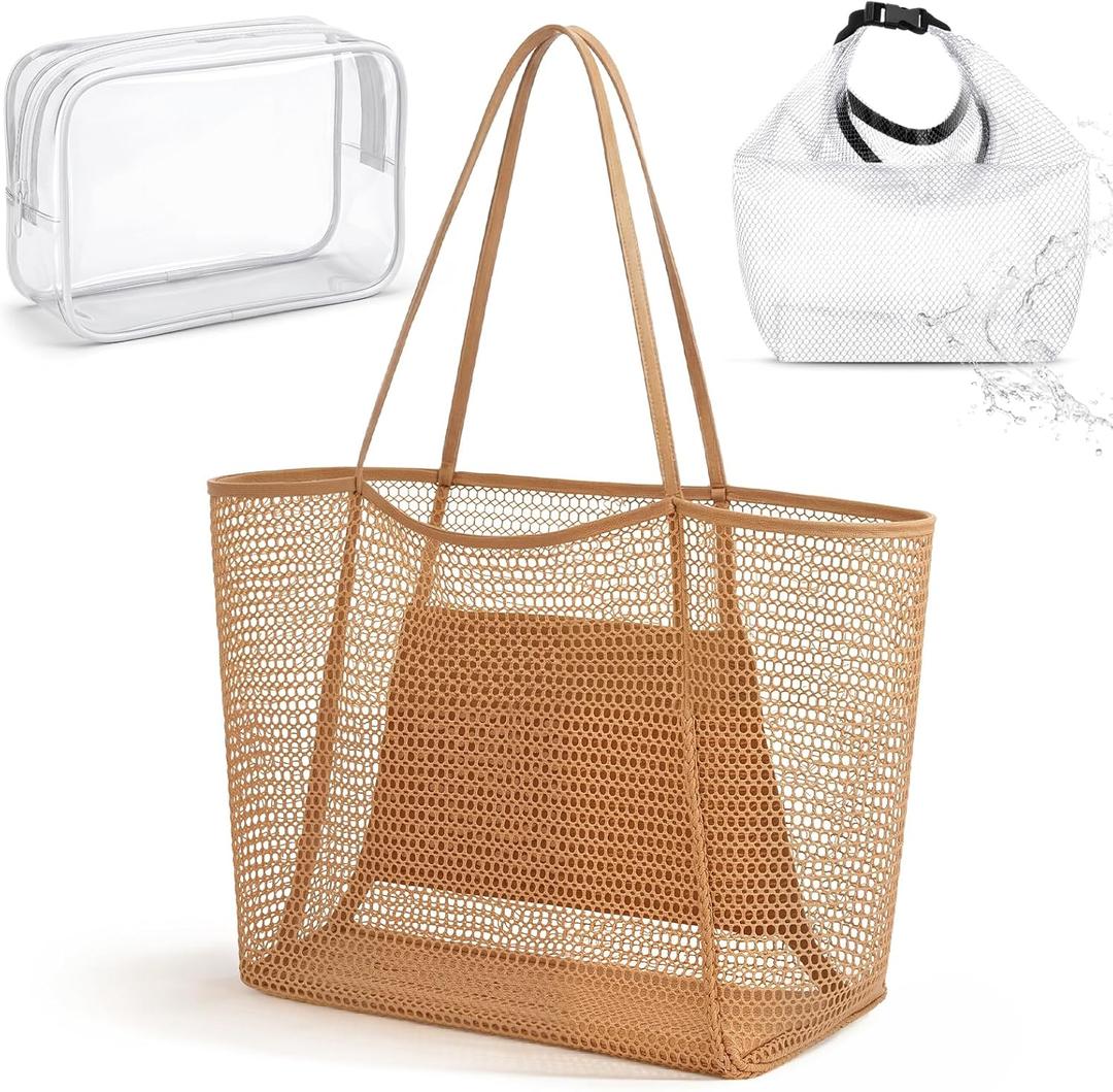 Hsei 3 Pack Large Mesh Beach Bag Tote Set for Women Mesh Beach Bag Waterproof Dry Bag Makeup Pouch for Pool Gym Travel
