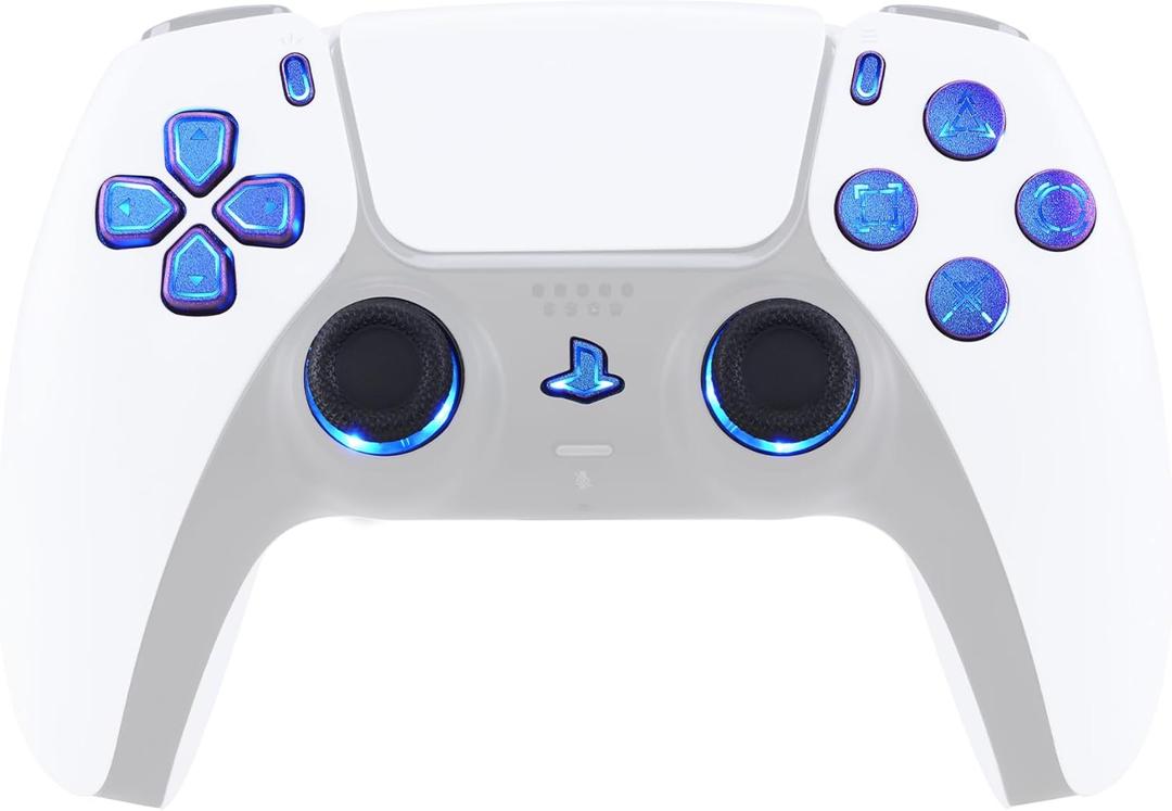 eXtremeRate 7 Colors 9 Modes Luminated Dpad Thumbsticks Share Home Face Buttons for PS5 Controller BDM-030 040 050, Chameleon Purple Blue Classical Symbols Buttons DTF LED Kit for PS5 Controller