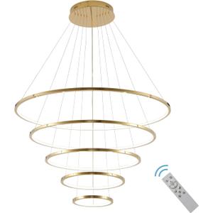 Gold 5 Ring Led Chandelier Modern Led Chandeliers Lighting Dimmable High Ceiling Chandelier Large Luxury Contemporary Sloped Ceiling for Entryway Foyer Hall Hotel Staircase 96W 39 inch
