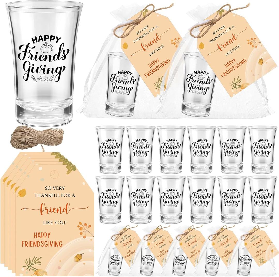 Roshtia 20 Sets Friendsgiving Party Favors Thanksgiving Acrylic Shot Glasses Bulk Fall Clear Shot Glass Cups with Thank You Cards Bags Happy Friendsgiving Gift for Friends Guests Party Supplies