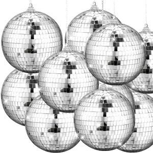 Yookeer 12 Pack 4 Inch Mirror Disco Ball Decorations Small Silver Hanging Ornaments Reflective with Attached String for Ring DJ Stage Lighting Effect for School Festival Fun 50s 60s 70s Party Decor
