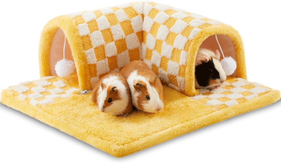 Guinea Pig Hideout Tunnel House Large, Removable Cozy Guinea Pig Hides and Tubes Fleece for Cage Corner Rat Toy, Soft Small Animal Tunnel for Rats Chinchillas Ferrets (Yellow)