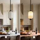 Farmhouse Pumpkin Pendant Light Vintage Milk Glass Shade, Brass Color Adjustable Canopy, Retro Industrial Glass Ceiling Light Fixture for Dining Room, EntrywayKitchen Island (Black White)