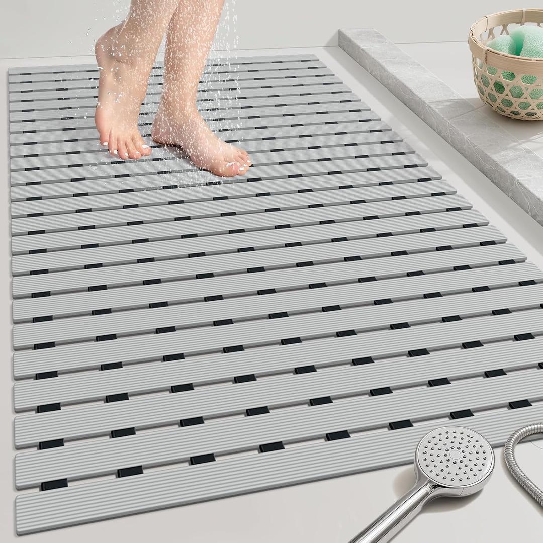 OTHWAY Large Shower Mat, 35.4 x 24 Inch No Suction Cup Shower Mat Non Slip, Quick Drain Shower Mats for Inside Shower, Heavy Duty PVC Shower Floor Mat, Curlable Shower Stall Mat (Light Grey)