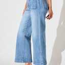 Allimy Women's High Waisted Cropped Wide Leg Jeans Stretchy Loose Denim Pants with Front Patch Pockets (Blue)