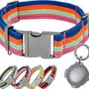 ADITYNA Cotton Dog Collar with AirTag Holder - Heavy-Duty Metal Buckle, Breathable, Easy Adjustable for Medium & Large Breeds - for Walking, Training (Bright Rainbow, Fits 15-21" Necks)