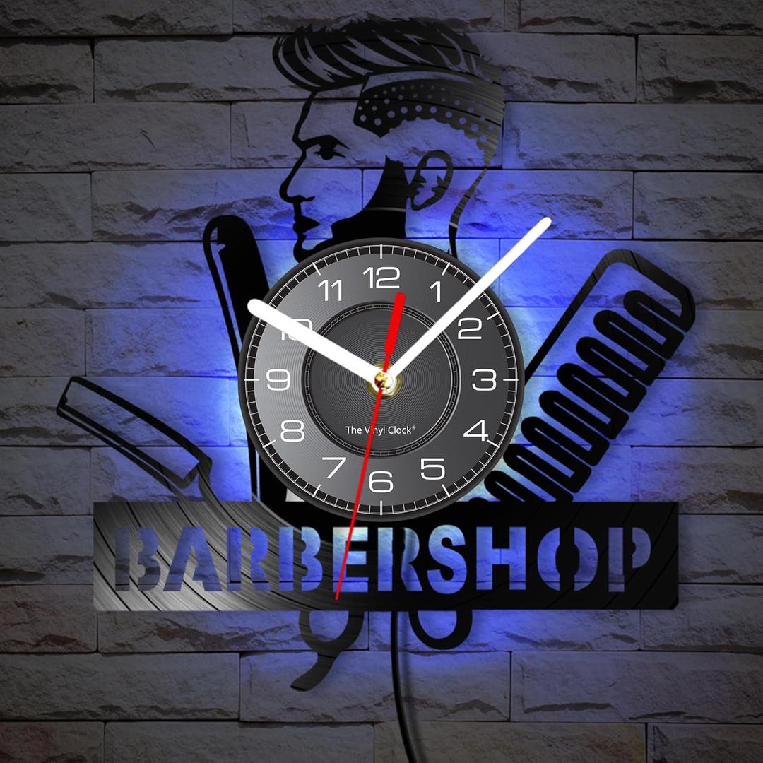 12 Inch Barber Shop LED Wall Clock with 7 Colors Changing, Vintage Decorative Analog Black Vinyl Record Wall Clock Silent Quartz Non Ticking for Barber Shop Decor Hairdressers Gifts