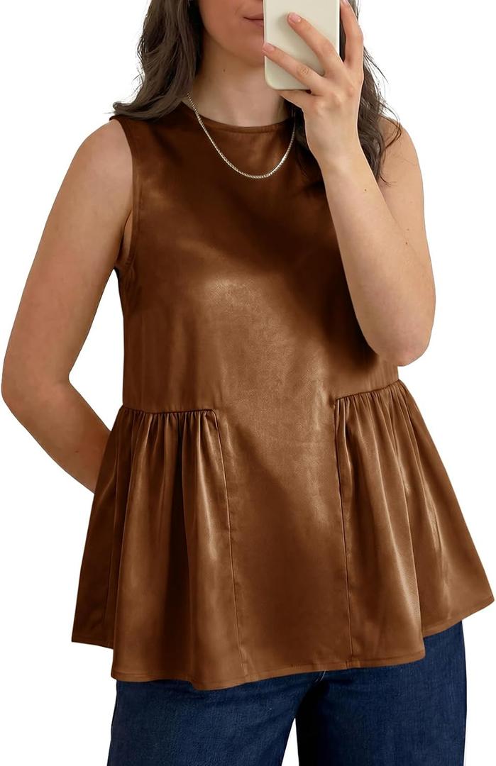 Tankaneo Womens Silk Satin Tank Tops Summer Dressy Casual Babydoll Sleeveless Shirts Peplum Pleated Loose Fit Blouses (Brown)