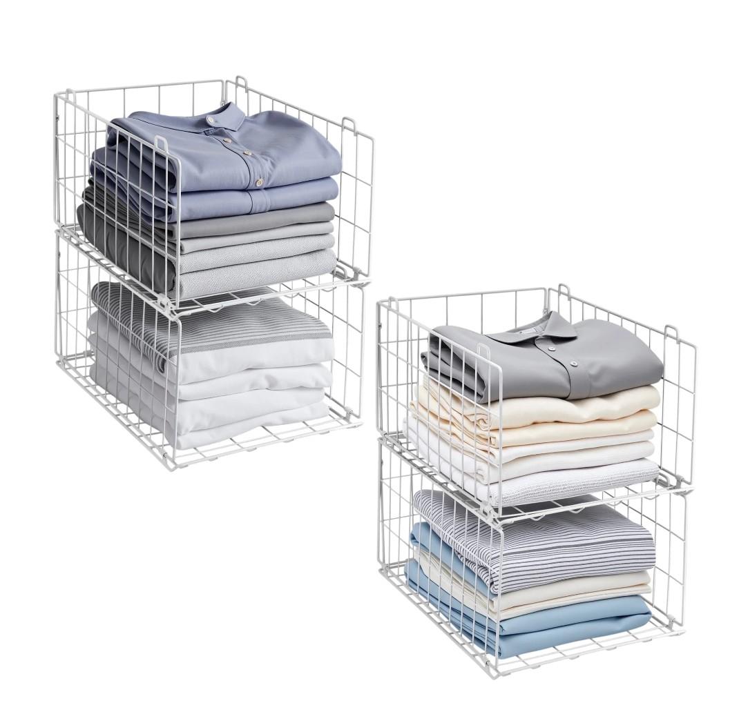 4-Tier Stackable Closet Organizer, Clothes Storage Drawer Organizer for Wardrobe, Metal Wire, White