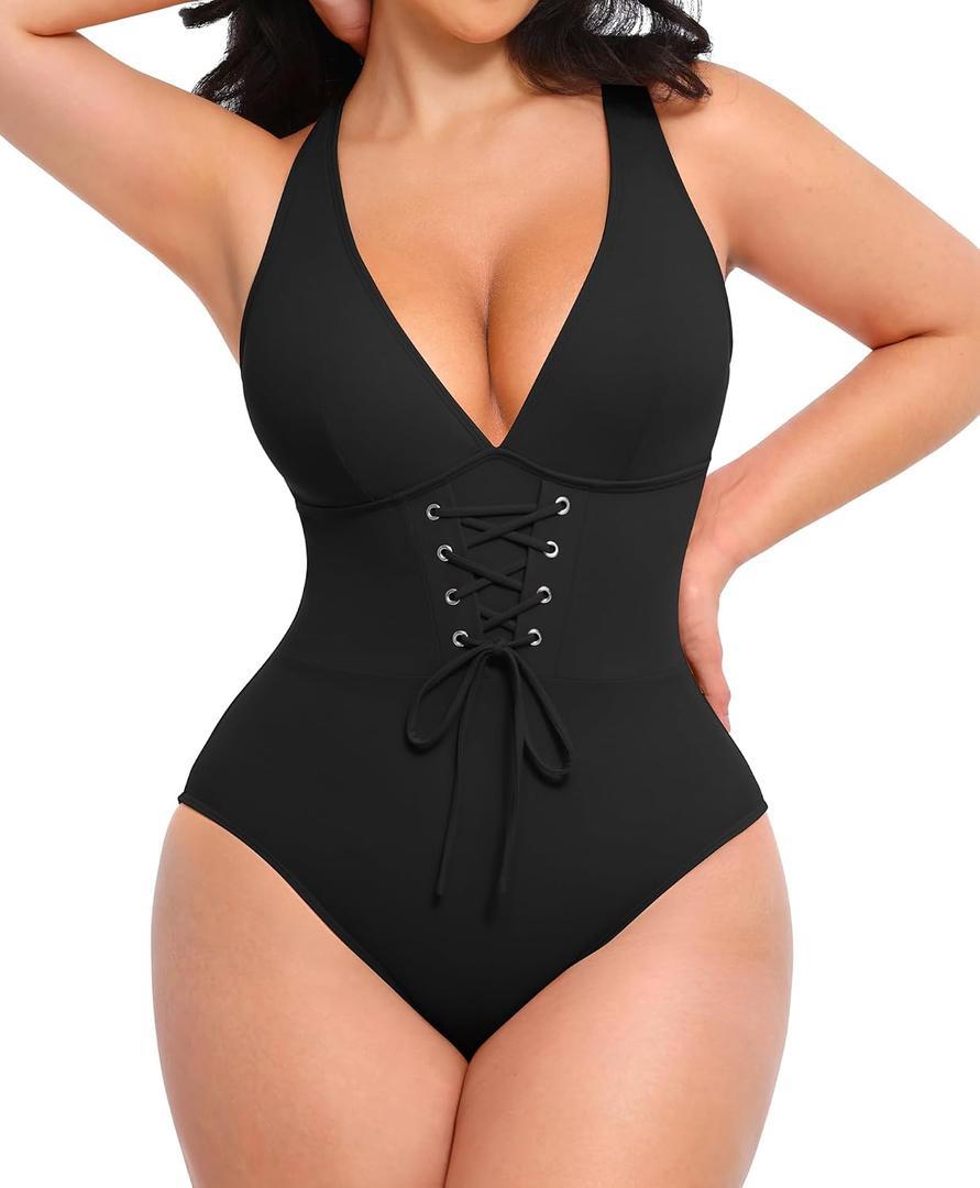 SHAPELLX Women One Piece Swimsuits Tummy Control Bathing Suits Push Up Slimming Swimwear with Built-in Bra V Neck XL