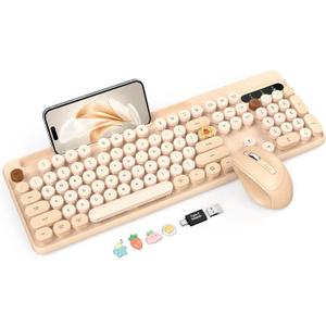 Wireless Keyboard and Mouse Combo, Retro Round Keycaps, Cute Full-Size Typewriter Keyboard with Phone Holder, Sleep Mode, 2.4GHz Cordless Connection for Windows/PC/Laptop (Milk-Tea Colorful)