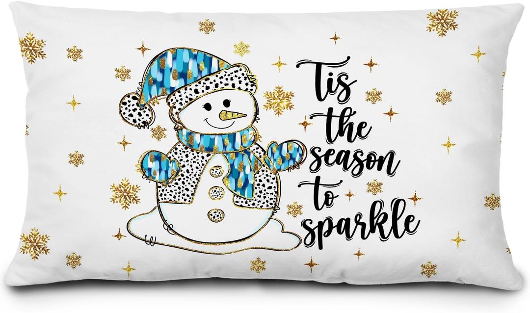 Blue and Gold Christmas Snowman Pillow Covers 12x20, Winter Home Decor, Tis The Season to Sparkle Snowflake Snowman Christmas Lumbar Throw Pillow Covers for Home Bedroom Living Room (Leopard-patterned Snowman)