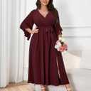 Womens Plus Size Dress Wedding Guest Cocktail Ruffle Half Sleeve Wrap V Neck Slit A Line Maxi Dresses with Belt (XL)