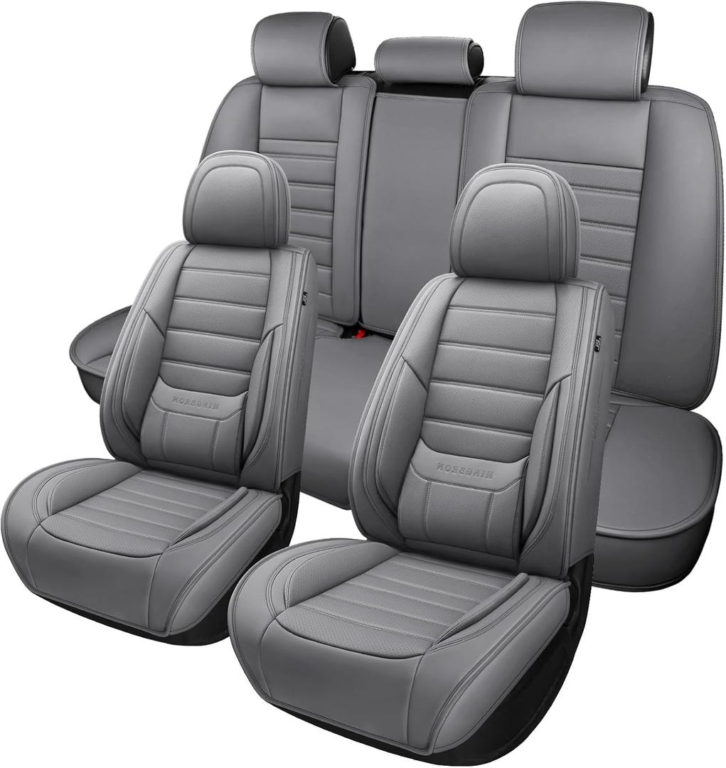MINGBRON Leather Car Seat Covers,Car Seat Covers Full Set,Automotive Seat Covers 5 Seats,Fit for Most Cars SUV and Most Sedans Grey