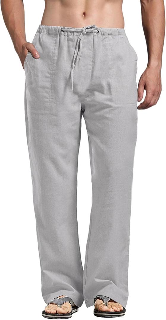 perdontoo Mens Casual Cotton Linen Pants Elastic Waist Drawstring Straight Summer Beach Pants (Large, Grey)