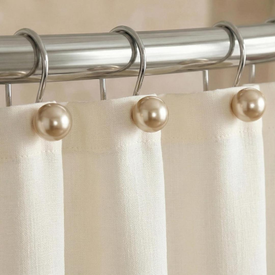 Champagne Gold Shower Curtain Hooks: Elegant Pearl Ball Design with Rustproof Stainless Steel Rings  Decorative Bathroom Accessories for Glam Vintage & Luxury Inspired Dcor