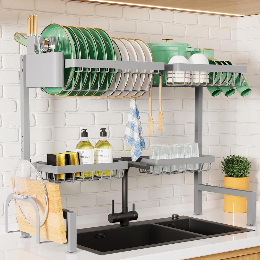 Kitsure Over The Sink Dish Drying Rack - 30.0" to 33.9"x21.5", Adjustable Sink Drying Rack for Kitchen Sink with Multifunctional Baskets, Grey (Large, Gray)