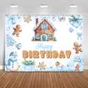 Christmas Gingerbread Birthday Backdrop for Boys Gingerbread Theme Happy Birthday Party Decorations Photography Background Candy House Banner Photo Booth Props (Blue, 7x5ft)