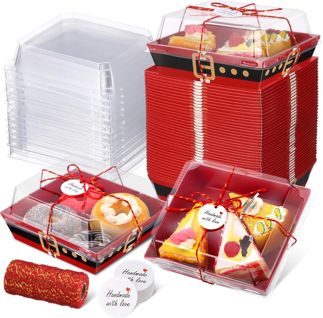 Outus 100 Pack Charcuterie Boxes with Clear Lids, 5.7 x 5.1 Inches, Valentine's Day Paper Food Containers Cake Take out Bakery Boxes with Gift Tags Rope for Desserts Sandwich(Red,Christmas)